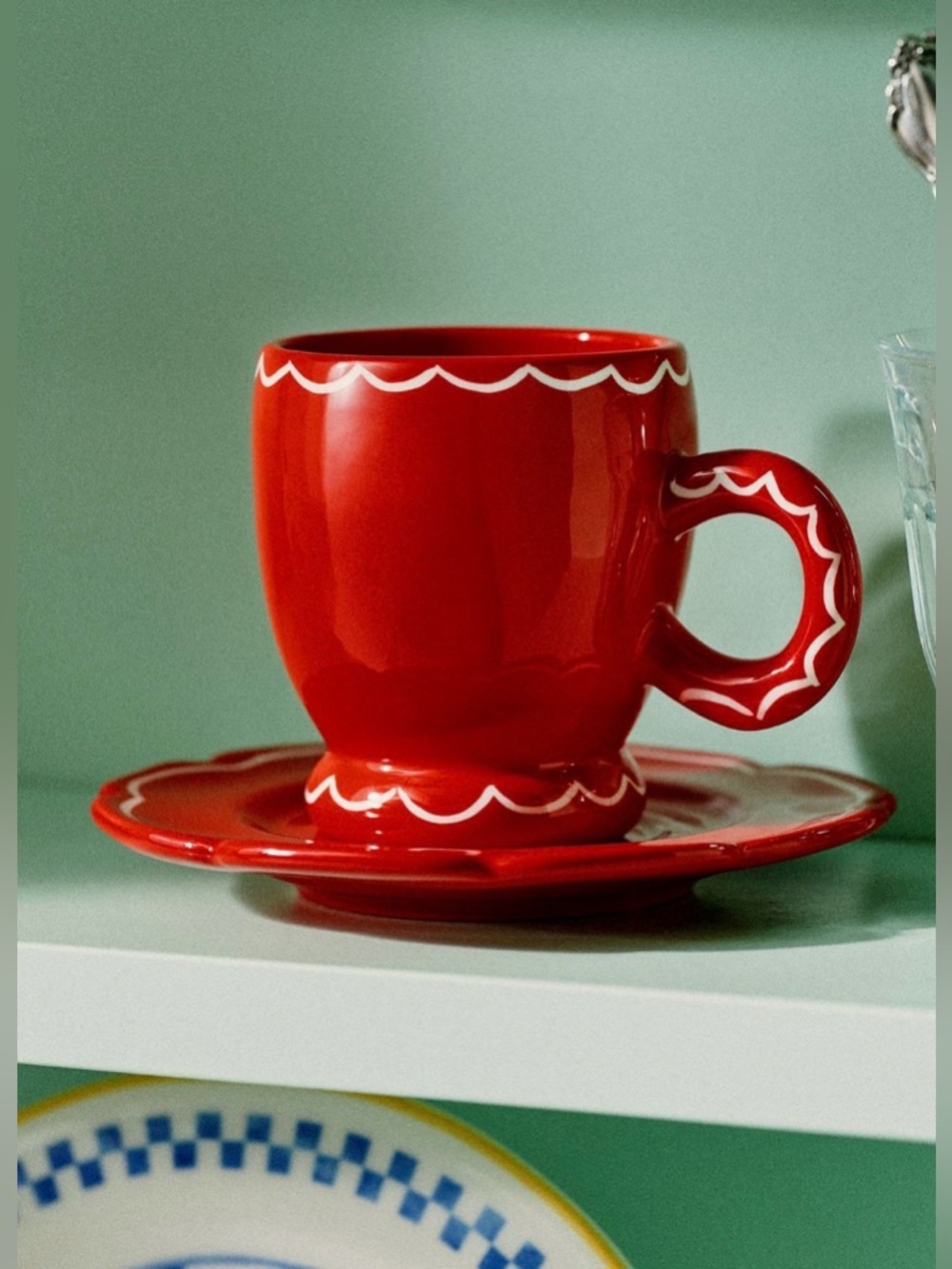 Anthropologie Damson Madder Stoneware Espresso Cup & Saucer, RED NWT